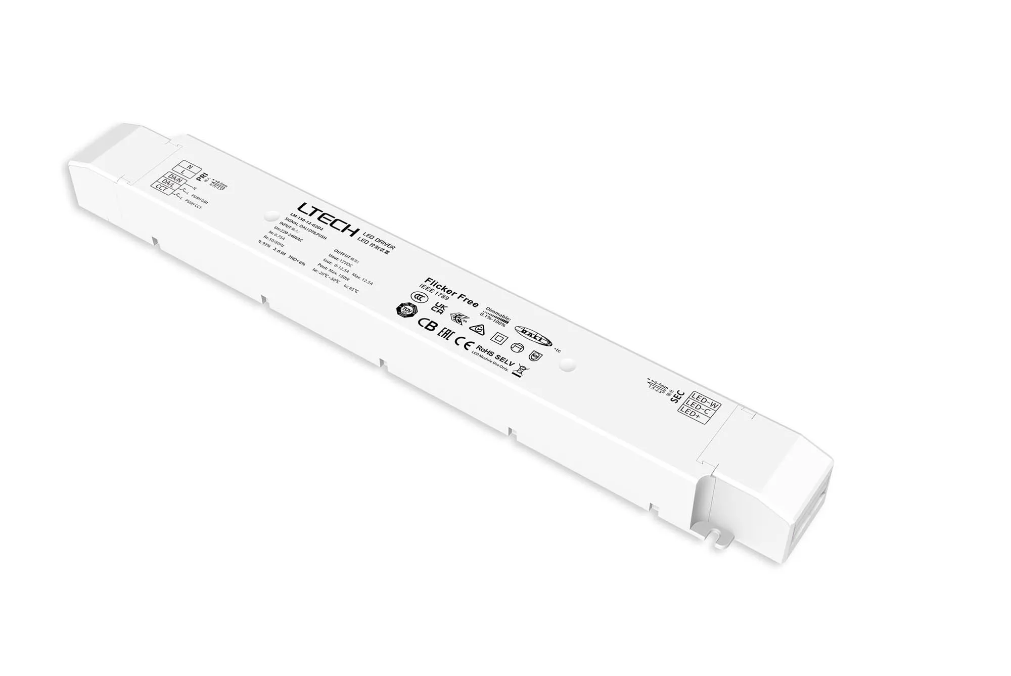 LM-150-12-G2D2  DALI DT8/Push DIM/CCT, 0-100% Dim, CV 100W, 12Vdc 12.5A, 2CH O/P, 200-240Vac, IP20, 5yrs Warranty.
